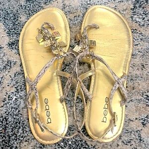 Bebe Gold charm logo Thong Sandals Women's Size 7